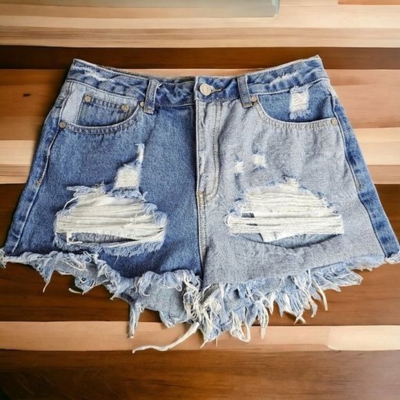 Missguided Ripped Two-Tone Denim Shorts - Picture 1 of 11